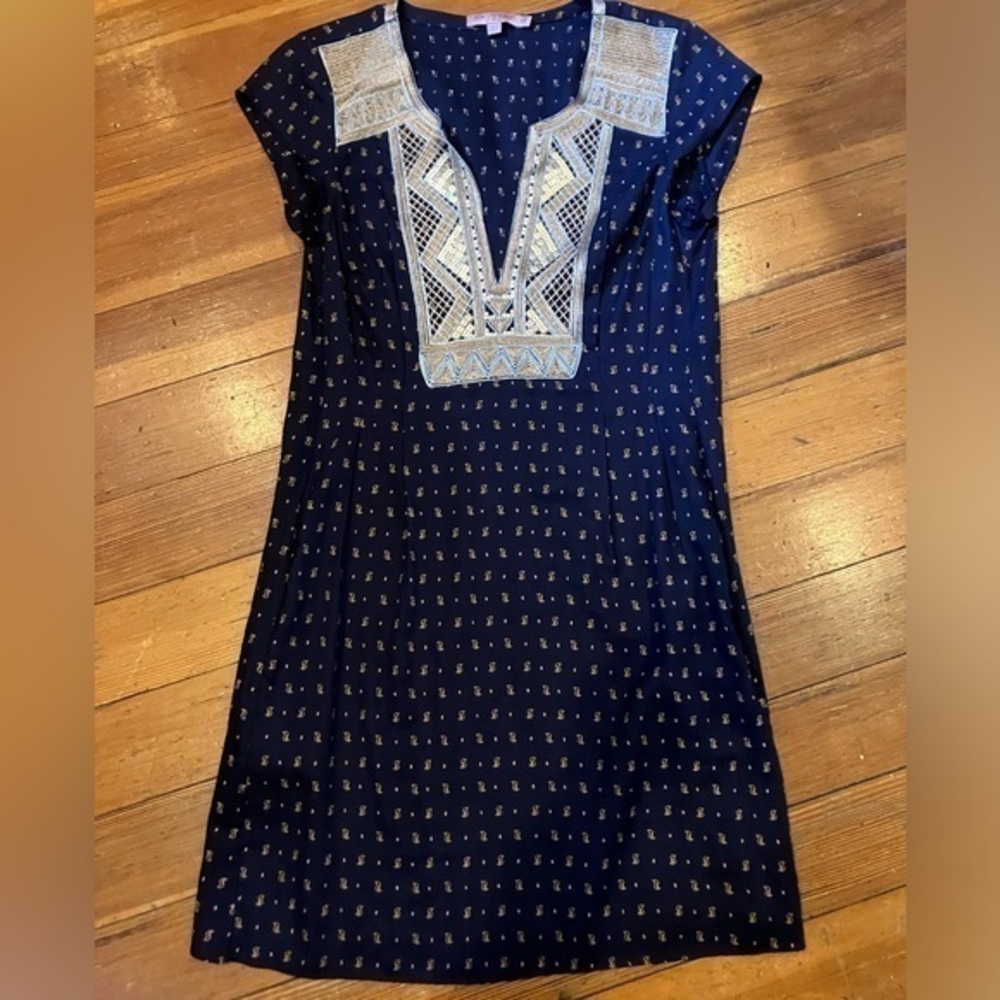 Calypso St. Barths Metallic Embroidered Navy Blue Tunic Dress with Pocke…